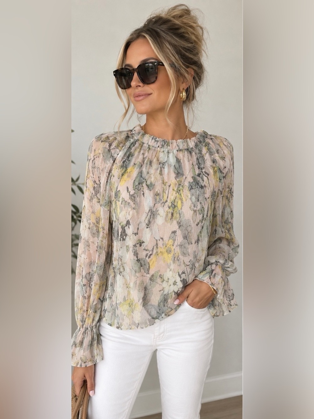 Anthropologie Floral Mini Accordion pleated Sheer Long Sleeve Blouse with Cami